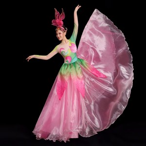 Women girls pink green petals flamenco dance dress spanish bull dance swing skirts opening dance ballroom dress folk dance costumes